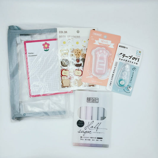 Free Shipping [Holiday Sale] 6 pieces stationery set B, pastel highlighter, sticker sheet, memo pad, cat paw correction tape, dot glue tape, pen pouch
