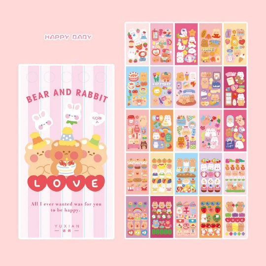 YuXian 50 Sheets Cute Kawaii sticker book, cute bunny, bear stickers