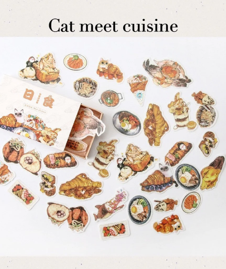 [Free Shipping] Set of 40 Forest theme ephemera journaling stickers, dessert and cat sticker set