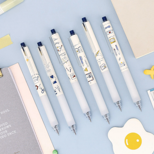 JiWuShe S1 Set of 6 Stationery doodle theme Aesthetic gel pen set, Retractable gel pen set, ST nib gel pen