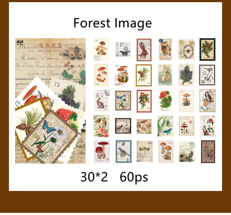 [Free shipping ]60/180 pcs Retro style stickers journaling stickers plant/forest/20s poster 30 patterns *2 pieces