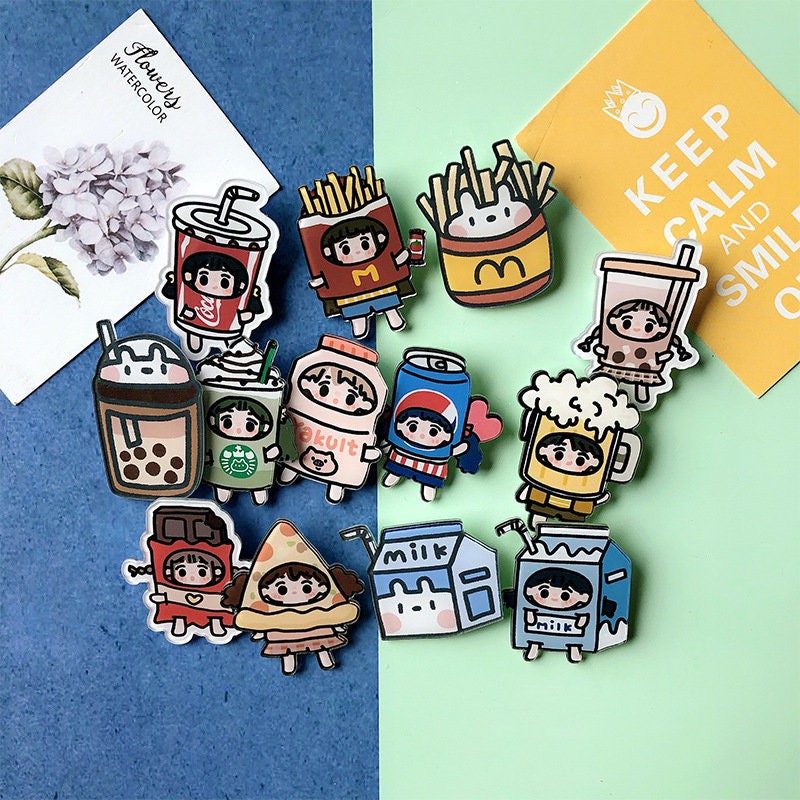 Cute Acrylic Pin Cream Bear Pin/ Foodie Girl Pin / Bubble Tea/ Fries/ Coke/ Starbucks 1 PC/ 3 PCS/ 6 PCS