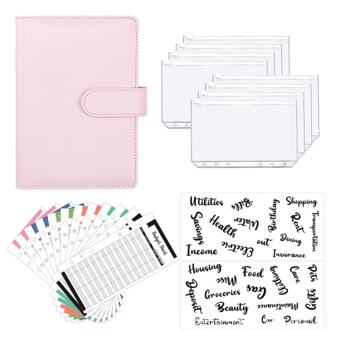 Customized A6 6 Rings Cash envelope/ Budget Planner with 8 envelopes 2 sheets category stickers